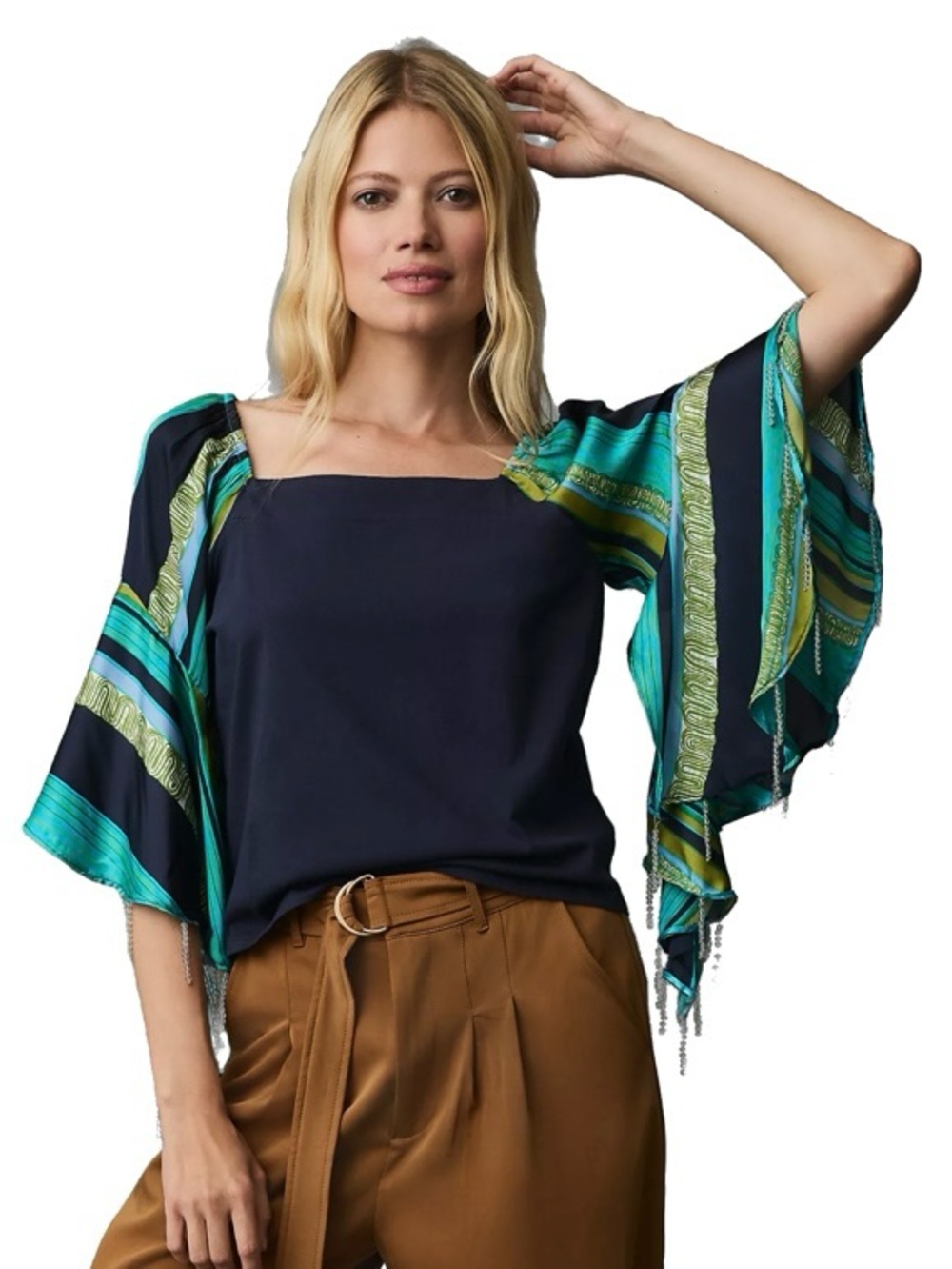 Anthropologie Tiny Beaded Bell-Sleeve Boho Flowy Top Navy Teal Turquoise size S